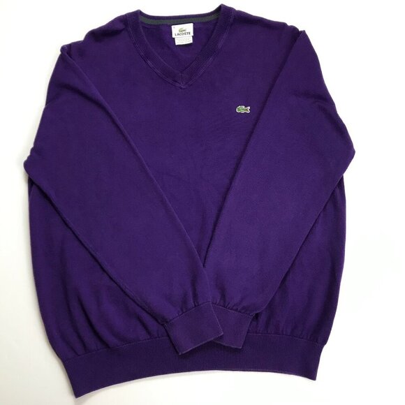 LACOSTE Men 6 - XL Cotton PURPLE V-Neck Logo Sweater - Picture 2 of 5